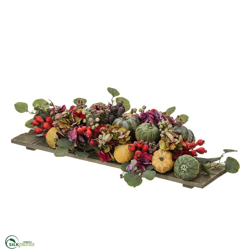 Hydrangea, Pumpkin, Eucalyptus Centerpiece on Wood Pedestal – Purple Green – Pack of 2