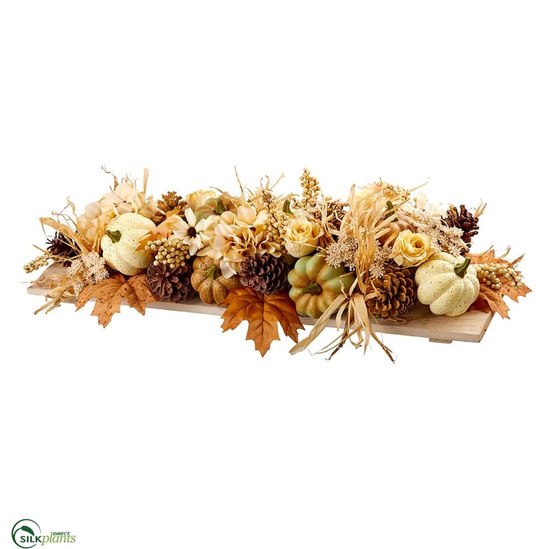 Hydrangea, Pumpkin, Pine Cone Centerpiece on Wood Pedestal – Beige Brown – Pack of 2
