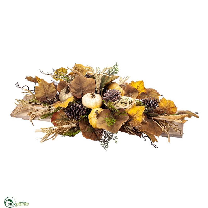 Pumpkin, Pine Cone, Maple Centerpiece on Wood Pedestal – Beige Green – Pack of 2