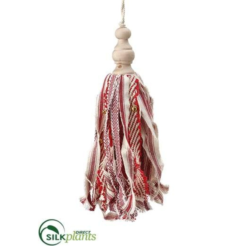 Wood Finial Tassel Ornament With Bell – Red Cream – Pack of 6