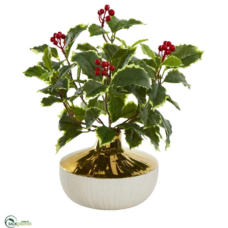Variegated Holly Leaf Artificial Plant in Gold and Cream Elegant Vase – Pack of 1