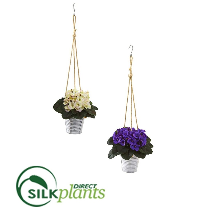 African Violet Artificial Plant in Hanging Bucket – Purple White – Pack of 2
