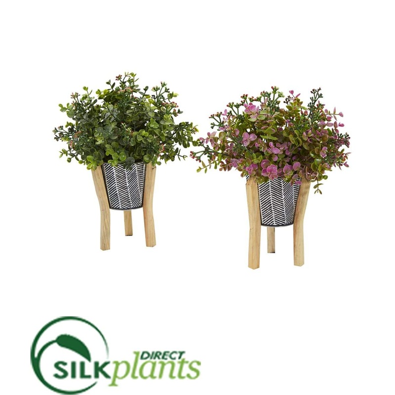 Eucalyptus and Sedum Artificial Plant in Tin Planter with Legs – Pack of 2