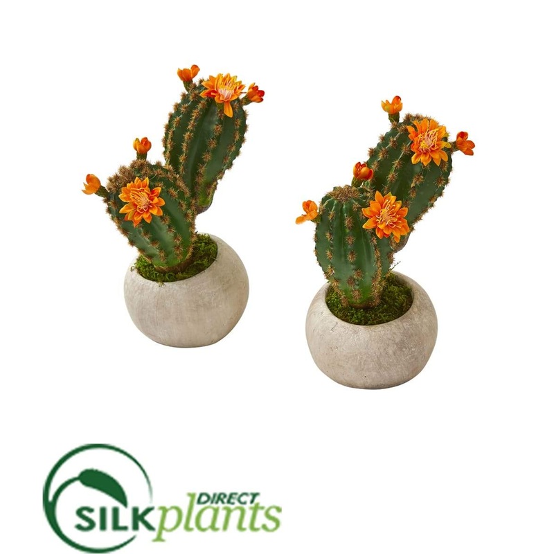 Flowering Cactus Succulent Artificial Plant in Stone Planter – Pack of 2